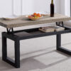 Mesa centro elevable Loft. Cajón interior portaobjetos. Tapa madera color roble oscuro 54 mm. Patas metálicas color negro. Medidas: 120 x 60 x 47