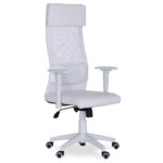 Sillón despacho regulable en altura modelo Airflow. Mecanismo basculante. Brazos altura regulable. Cabecero / Cojín lumbar regulable. Tejido símil piel y red blanco. Medidas: 70 x 70 x 120 - 128 cm.