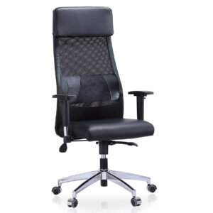 Sillón despacho regulable en altura modelo Airflow. Mecanismo basculante. Brazos altura regulable. Cabecero / Cojín lumbar regulable. Tejido símil piel y red negro. Medidas: 70 x 70 x 120 - 128 cm.