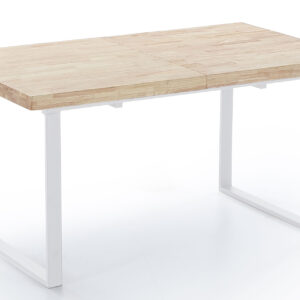 Mesa comedor modelo Natural extensible. Tapa madera color roble nordish  54 mm. Estructura y patas metálicas color blanco. Medidas: 140 - 180 x 80 x 76 cm.