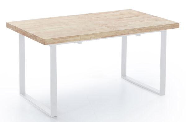 Mesa comedor modelo Natural extensible. Tapa madera color roble nordish  54 mm. Estructura y patas metálicas color blanco. Medidas: 140 - 180 x 80 x 76 cm.
