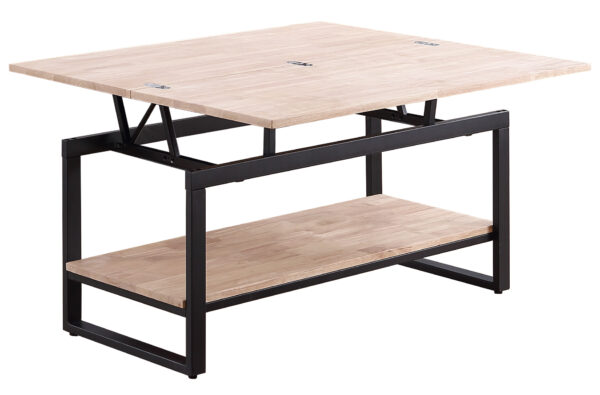 Mesa de centro elevable y extensible. Tapa en madera de roble. Estructura metálica color negro. Medidas: 100 x 45 - 90 x 47 cm.