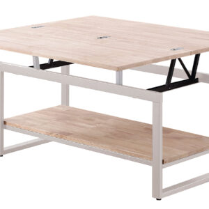 Mesa de centro elevable y extensible. Tapa en madera de roble. Estructura metálica color blanco. Medidas: 100 x 45 - 90 x 47 cm.