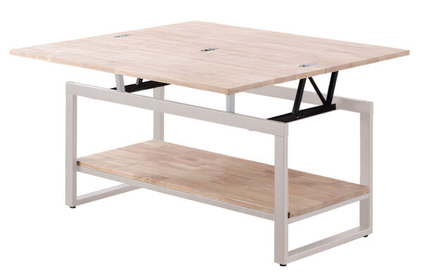 Mesa de centro elevable y extensible. Tapa en madera de roble. Estructura metálica color blanco. Medidas: 100 x 45 - 90 x 47 cm.