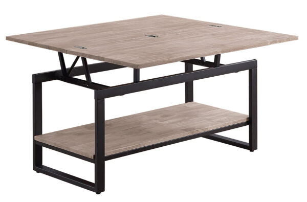 Mesa de centro elevable y extensible. Tapa en madera de roble. Estructura metálica color negro. Medidas: 100 x 45 - 90 x 47 cm.