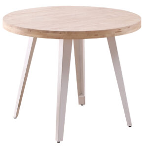 Tapa en madera de roble. Patas metálicas color blanco. Medidas: 100 x 100 x 76 cm.