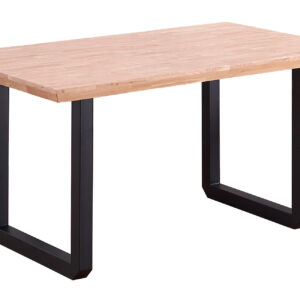 Tapa en madera de roble acabado chaflán. Patas metálicas color negro esquinas en chaflán. Medidas: 150 x 90 x 77 cm.