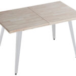 Tapa extensible en madera de roble nordish con acabado en chaflán. 2 extensiones guardadas en el interior. Extensible de 140 a 180 o 220 cm. Patas metálicas color blanco. Topes de suelo regulables. Medidas: 140 - 180 - 220 x 80 x 76 cm.