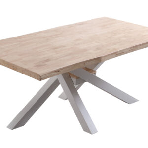 Tapa con formas en madera de roble. Patas metálicas color blanco. Medidas: 180 x 100 x 76 cm.