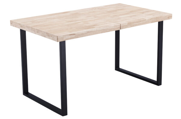 Mesa de comedor extensible. Tapa madera de roble color nordish 54 mm. Patas metálicas color negro. Extensible mediante guías. Medidas: 140 - 180 x 80 x 76 cm.