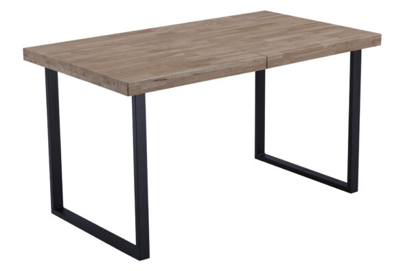 Mesa de comedor extensible. Tapa madera de roble color honey 54 mm. Patas metálicas color negro. Extensible mediante guías. Medidas: 140 - 180 x 80 x 76 cm.