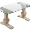 Tapa en cristal templado transparente. Patas en madera de roble. Medidas: 160 x 90 x 76 cm.