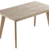 Mesa comedor fija. Tapa y patas en madera de roble. Bordes tapa en chaflán. Medidas: 150 x 90 x 76 cm.