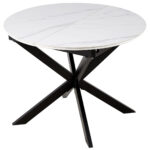 Extensible mediante guias metálicas. Ampliación interior tipo libro en color negro. Tapa con acabado superior cerámico en color blanco. Estructura inferior metálica en color negro. Medidas: 100 - 140 x 100 x 75 cm.