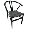 Estructura en madera madera maciza color negro. Respaldo con forma circular. Asiento trenzado en cuerda color negro. Medidas: 56 x 52 x 76 cm.