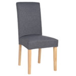 Silla tapizada. Desenfundable y lavable. Patas en madera maciza color natural. Tejido gris. Medidas: 47 x 60 x 100 cm.