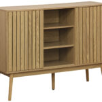 Consola gran capacidad de almacenaje.  2 puertas correderas + estantes centrales. Baldas divisorias interiores. Papel laminado / chapa fresno. Frentes puertas en alistonado decorativo. Patas en madera. Medidas: 115 x 40 x 90 cm.