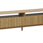 Mueble TV con 2 cajones de gran capacidad. Papel laminado / chapa fresno. Frentes cajónes en alistonado decorativo. Guias metálicas. Patas en madera. Medidas: 150 x 40 x 50 cm.