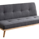 Sofá cama Fox. Mecanismo clic clac con apertura tipo libro. Base inferior y patas en madera. Patas antivuelco ocultas en el respaldo Tejido gris. Medidas: 180 x 75 x 83 cm