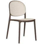 Silla multiusos apilable. Uso exterior / interior. Polipropileno alta resistencia. Asiento y respaldo imitación rattán. Color topo / rattán. Medidas: 48 x 56 x 85 cm.