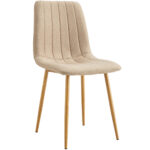 Silla de comedor tapizada. Tejido beige. Patas metálicas imitación madera oak. Costuras decorativas. Medidas: 44 x 55 x 87 cm.