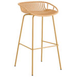 Taburete alto uso interior / exterior. Asiento en polipropileno alta resistencia. Tratamiento anti UV. Estructura inferior metálica. Apoyapiés. Color arena. Medidas: 44 x 47 x 88 cm.