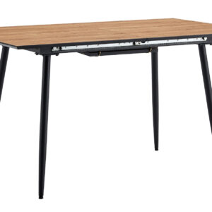 Extensible mediante guias metálicas. Ampliación interior tipo libro. Tapa y extensible en melamina oak con bordes negros. Patas metálicas color negro. Topes suelo niveladores. Medidas: 140 - 180 x 80 x 75 cm.