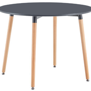 Tapa DM lacado mate color gris. Estructura inferior metálica portante. Patas en madera de haya. Topes suelo niveladores. Medidas: 100 x 100 x 74