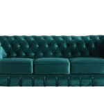 Sofá diseño clásico Chesterfield 3 plazas. Acabado capitoné con botones tapizados. Tejido Velvet verde. Medidas: 205 x 82 x 72 cm.