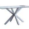 Mesa comedor fija Cross. Cristal templado transparente. Patas metálicas en color blanco. Medidas: 160 x 90 x 75 cm.