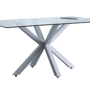 Mesa comedor fija Cross. Cristal templado transparente. Patas metálicas en color blanco. Medidas: 160 x 90 x 75 cm.