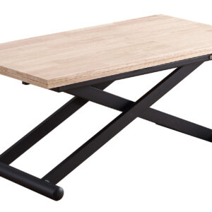 Mesa de centro elevable convertible en mesa de comedor. Tapa extensible en madera de roble. Extensible hasta 114 x 110 cm.  Estructura metálica color negro. Medidas: 110 x 57 - 114 cm.