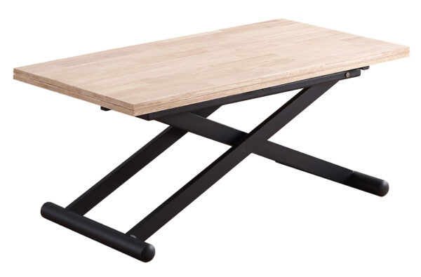 Mesa de centro elevable convertible en mesa de comedor. Tapa extensible en madera de roble. Extensible hasta 114 x 110 cm.  Estructura metálica color negro. Medidas: 110 x 57 - 114 cm.