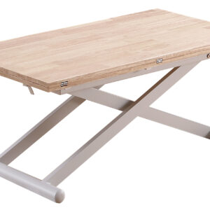 Mesa de centro elevable convertible en mesa de comedor. Tapa extensible en madera de roble. Extensible hasta 114 x 110 cm.  Estructura metálica color blanco. Medidas: 110 x 57 - 114 cm.