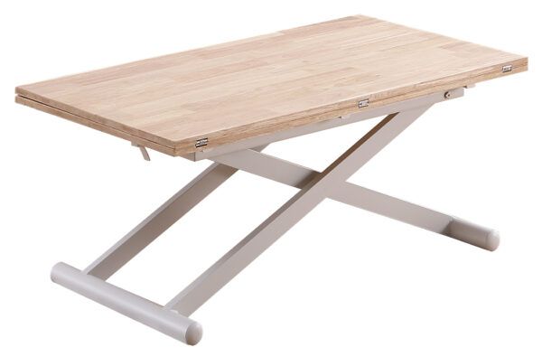 Mesa de centro elevable convertible en mesa de comedor. Tapa extensible en madera de roble. Extensible hasta 114 x 110 cm.  Estructura metálica color blanco. Medidas: 110 x 57 - 114 cm.