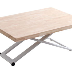 Mesa de centro elevable. Tapa en madera de roble. Estructura metálica color blanco. Altura regulable. Medidas: 120 x 80 cm.