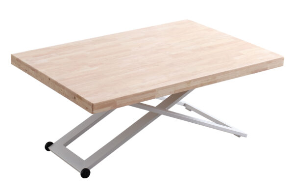 Mesa de centro elevable. Tapa en madera de roble. Estructura metálica color blanco. Altura regulable. Medidas: 120 x 80 cm.