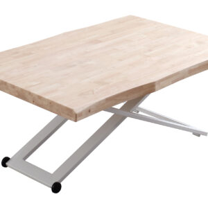 Mesa de centro elevable. Tapa con formas en madera de roble. Estructura metálica color blanco. Altura regulable. Medidas: 120 x 80 cm.