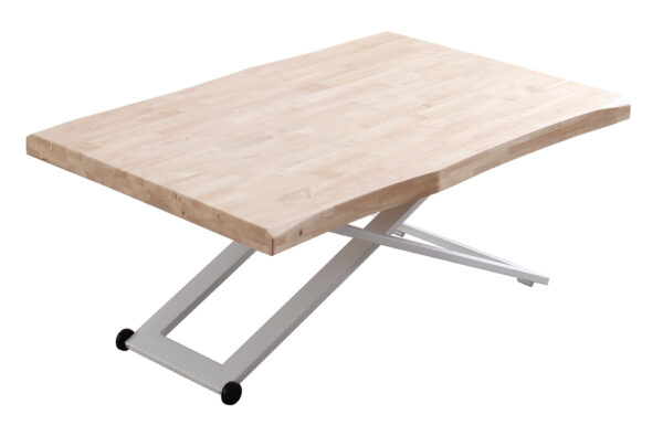 Mesa de centro elevable. Tapa con formas en madera de roble. Estructura metálica color blanco. Altura regulable. Medidas: 120 x 80 cm.