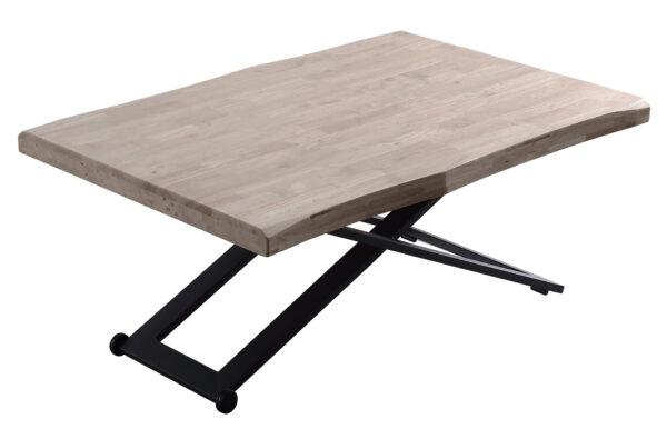 Mesa de centro elevable. Tapa con forma en madera de roble. Estructura metálica color negro. Altura regulable. Medidas: 120 x 80 cm.
