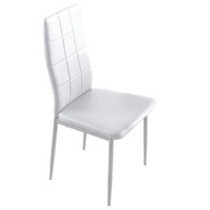 Silla comedor tapizada Laia. Patas metálicas en color blanco. Costuras decorativas. Tejido símil piel blanco. Medidas: 43 x 44 x 98 cm.