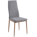 Silla de comedor tapizada. Tejido gris. Patas metálicas imitación madera roble. Medidas: 43 x 44 x 98 cm.