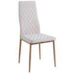 Silla de comedor tapizada. Tejido beige. Patas metálicas imitación madera roble. Medidas: 43 x 44 x 98 cm.