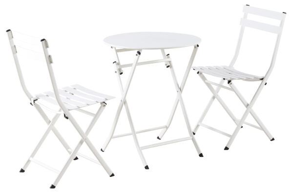 Set cafe compuesto por una mesa redonda y dos sillas. Uso exterior / interior. Mesa y sillas plegables. Conjunto completo fabricado en metal. Color blanco. Medidas mesa: 60 x 60 x 71