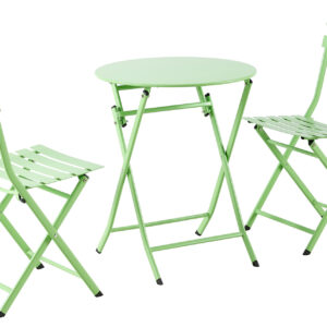 Set cafe compuesto por una mesa redonda y dos sillas. Uso exterior / interior. Mesa y sillas plegables. Conjunto completo fabricado en metal. Color pistacho. Medidas mesa: 60 x 60 x 71