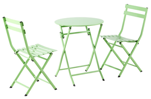 Set cafe compuesto por una mesa redonda y dos sillas. Uso exterior / interior. Mesa y sillas plegables. Conjunto completo fabricado en metal. Color pistacho. Medidas mesa: 60 x 60 x 71